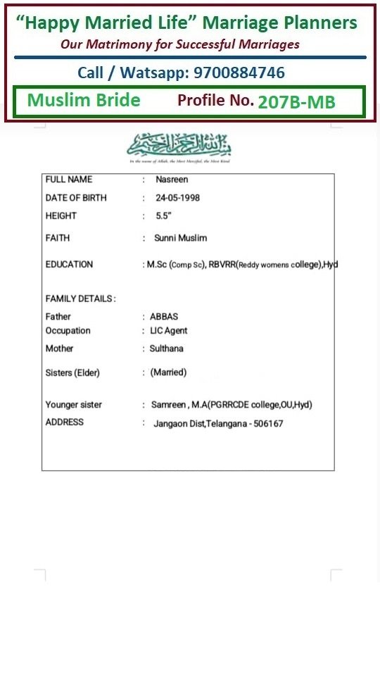 Nasreen, Profile No.207B Birth Yr 1998 MB1