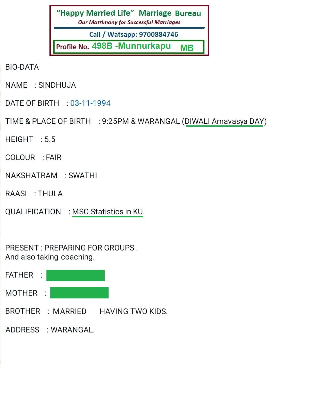 Sinduja, Profile No.498B, Birth Yr 1994, QualificationMsc