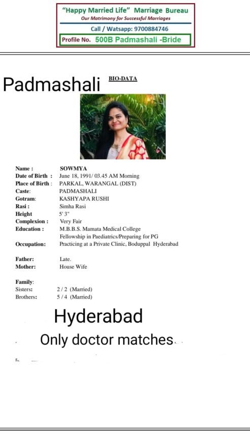 Dr.Sowmya MBBS Profile No. 500B 1991 ,HYD