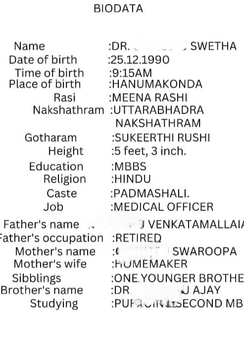 Dr.Swetha, Birth Yr 1990, Income 10L, Profile No 637B