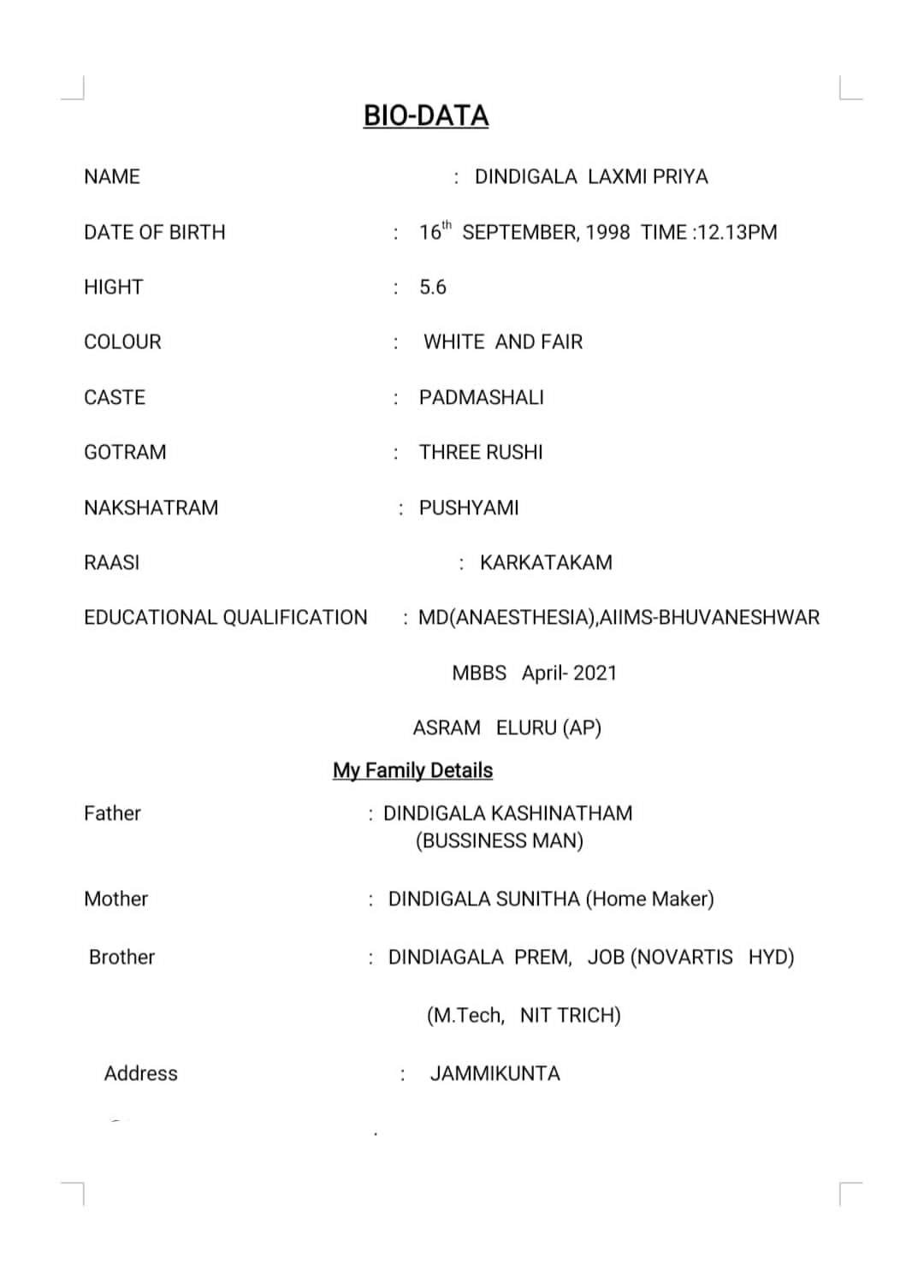 Dr.Laxmi Priya, Birth Yr 1998, Income 10k, Profile No 645B