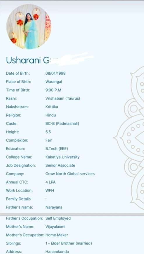 Usharani, Birth Yr 1998, Income 4L, B.Tech(EEE), Profile No 656B