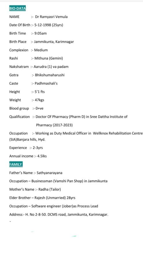 Dr Ramyasri, Birth Yr 1998, Income 4.5L, Profile No 658B