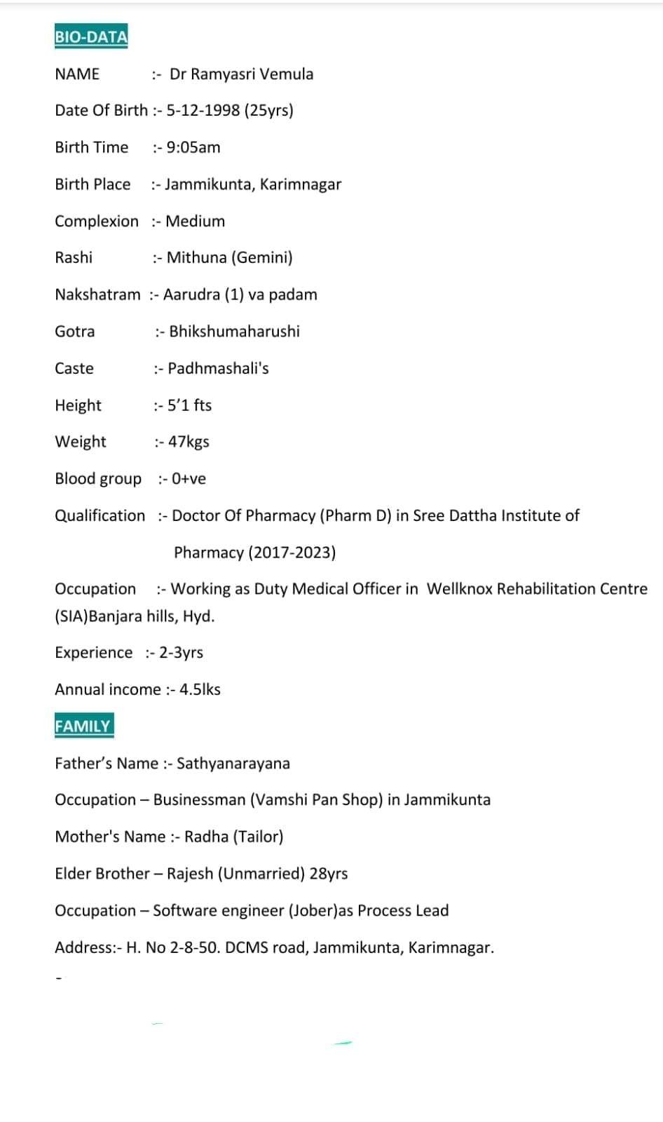 Dr Ramyasri, Birth Yr 1998, Income 4.5L, Profile No 658B