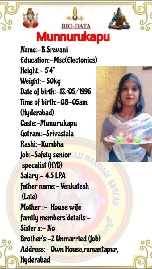 Sravani, Birth Yr 1996, Income 4.5L, Msc, MK, MB, Profile No 837B