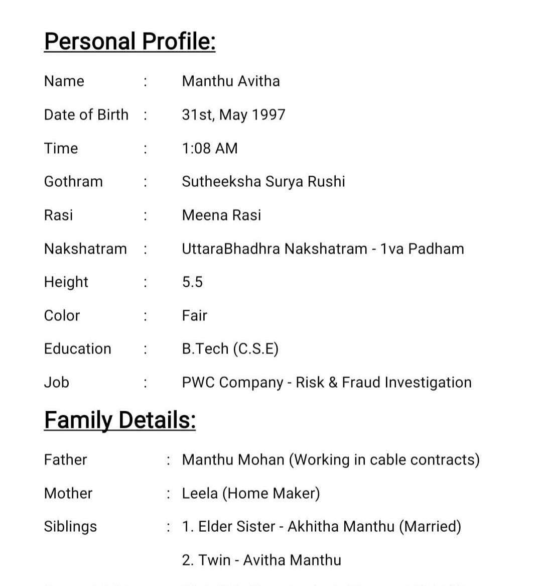 Avitha, Birth Yr 1997, B.Tech, Income 5L, MB, Profile No 878B