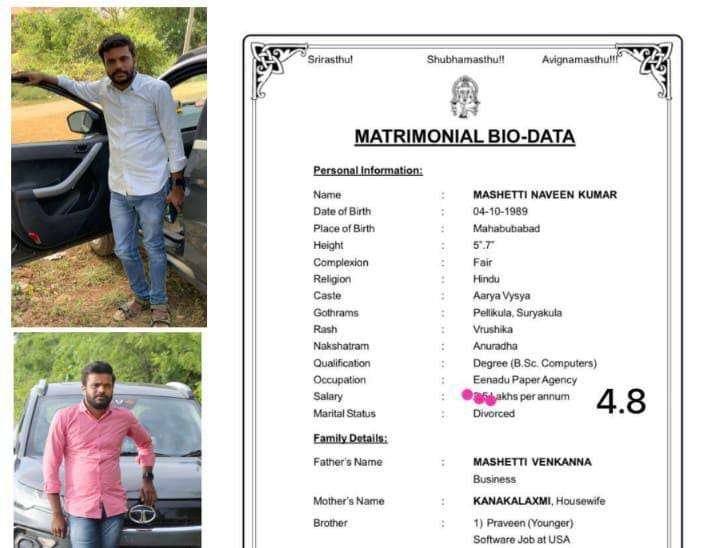 Naveen Kumar, Birth Yr 1989, B sc, Income 4.8L, MB, Profile No 898B