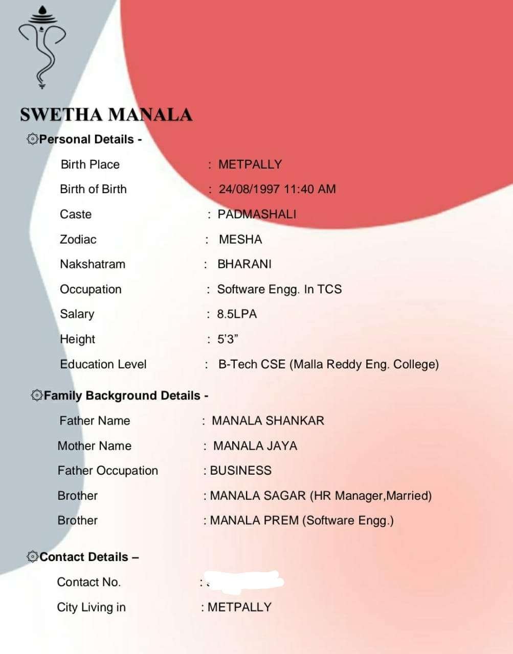 Swetha, Birth Yr 1997,Btech, Income 8.5L,MB, Profile No 1053B