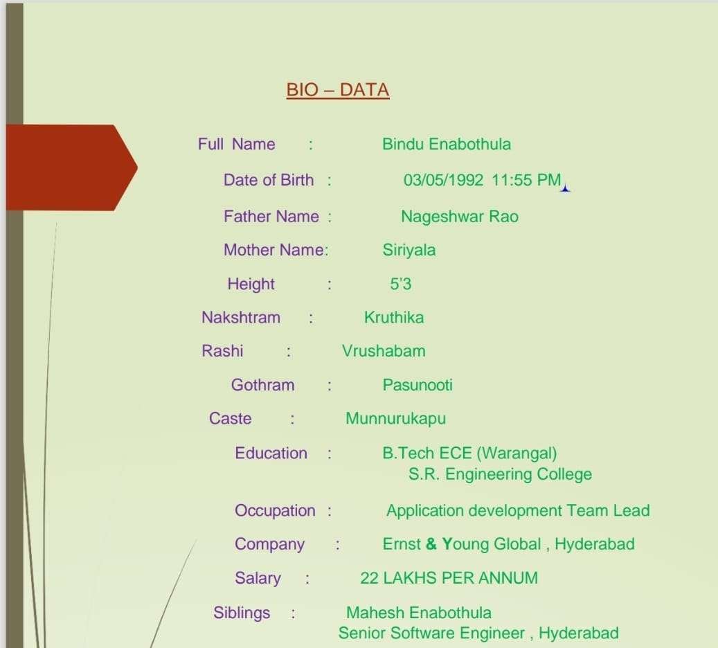 Bindu, Birth Yr 1992, B.Tech,income 22L, MB, Profile No 1058B
