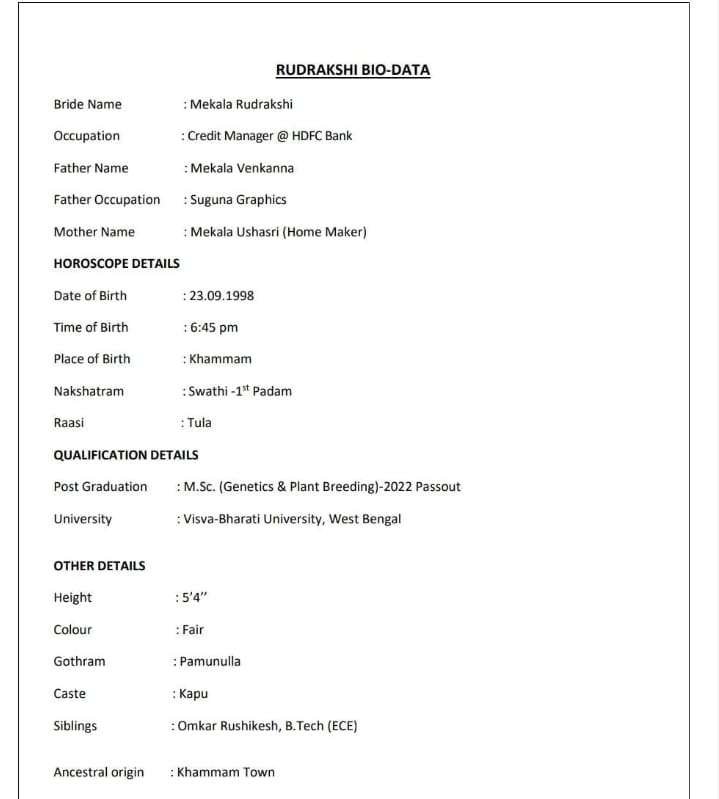Rudrakshi, Birth Yr 1998, MSc, MB, Profile No 1079B
