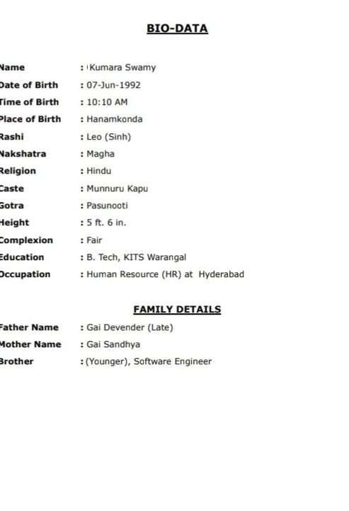 Kumaraswamy, Birth Yr 1992, Income 50k, Profile No 815G