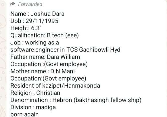 Joshua Dara, Birth Yr 1995, b.Tech, Income 40K, MB, Profile No 1201G