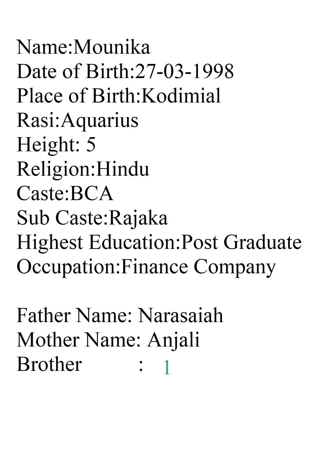 2059B Mounika Rajaka 1998 PG frm Anusha Rajaka Hyd